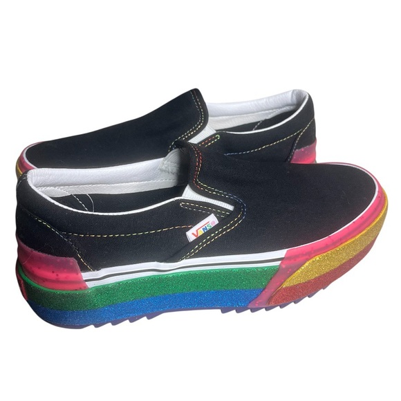 VANS Classic Slip On Stacked Glitter Platform Sneakers Black Canvas Size 7 NEW - Picture 1 of 9